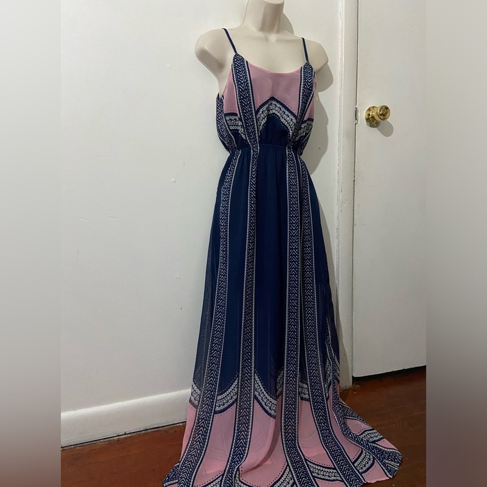 Navy blue and pink printed maxi dress